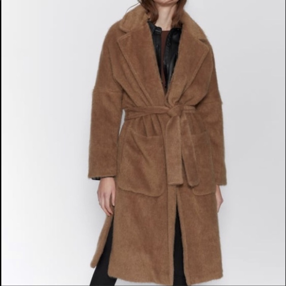 Zara Faux Fur Belted Side Slit Trench NWOT XL - Picture 2 of 16